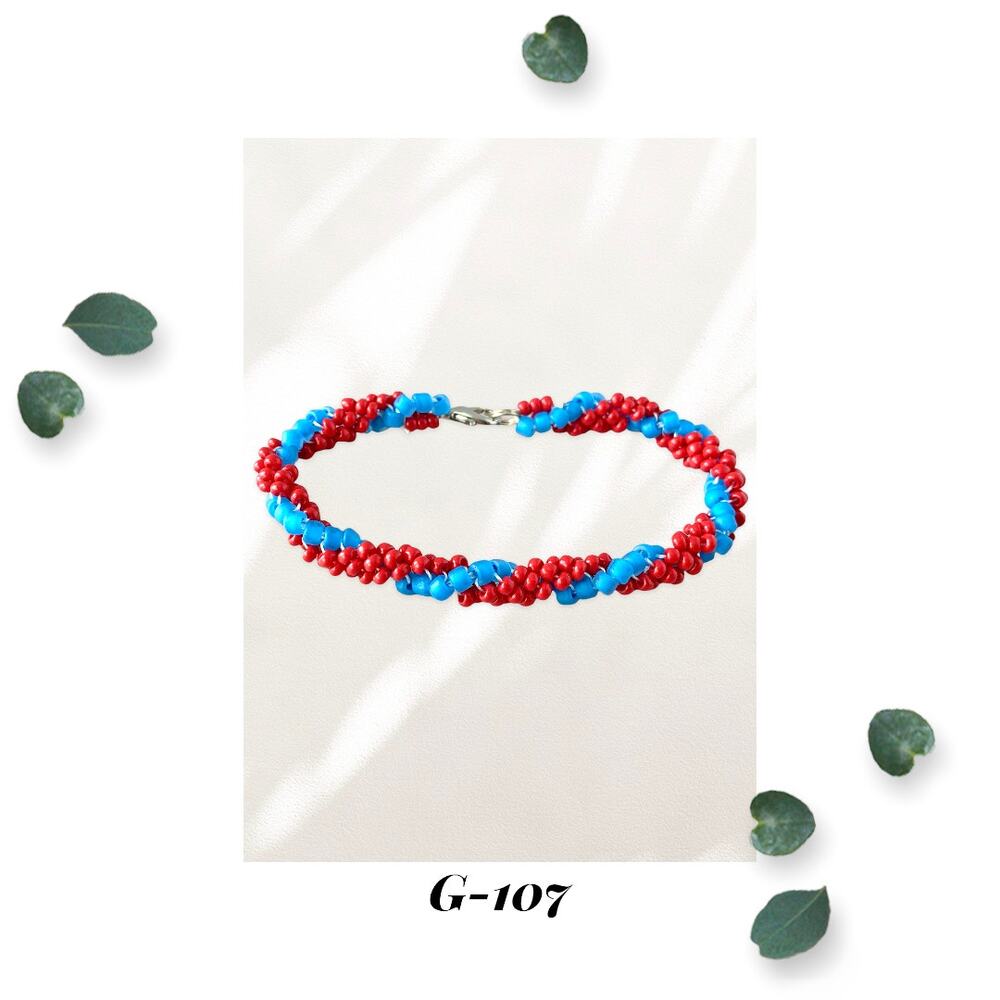 Coral Red and Turquoise Blue Spiral Glass Seed Bead Woven Bracelet